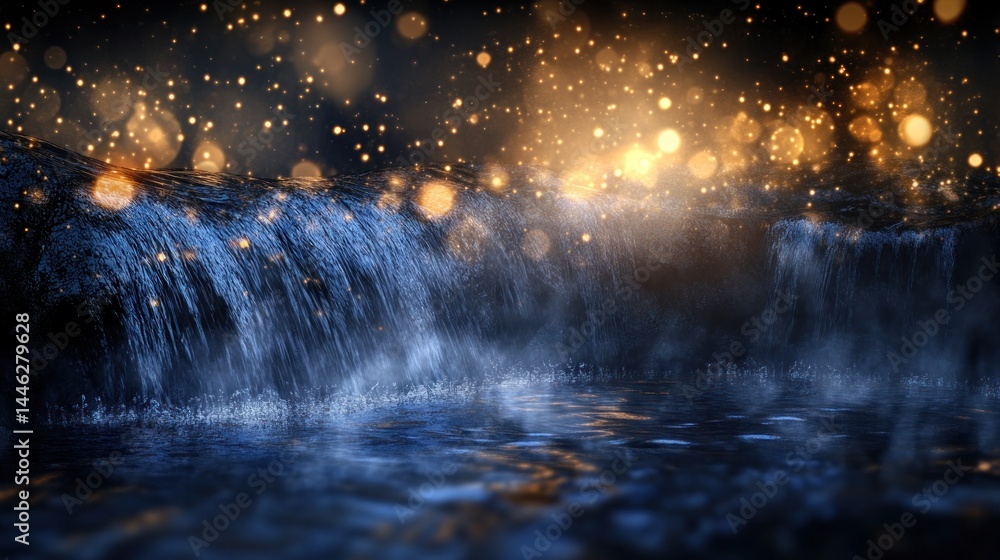 A mystical waterfall cascades under a shower of golden sparkles