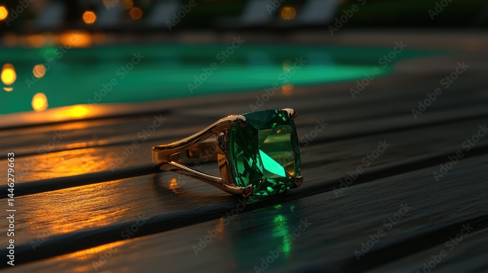 A gold ring with a large green gem rests on wood