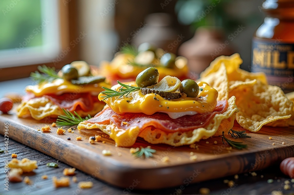 Rustic cheese and salami appetizer with crackers and olives garnish Rustic cheese and salami appetizer with crackers and olives garnish