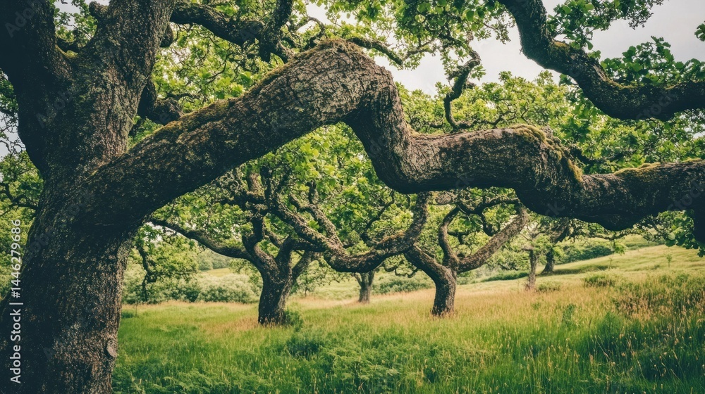 Twisted oak trees form a canopy over a grassy meadow