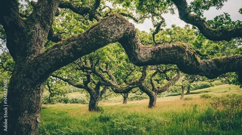 Obraz na płótnie Twisted oak trees form a canopy over a grassy meadow w salonie