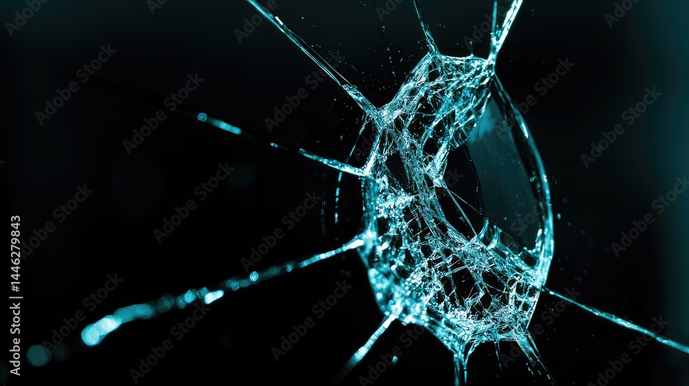 Shattered and broken glass with intricate lines and patterns displayed