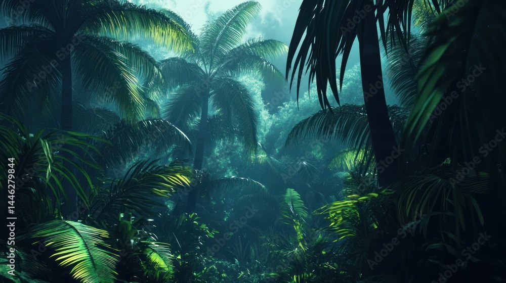 Lush tropical rainforest with vibrant green palms and dense foliage
