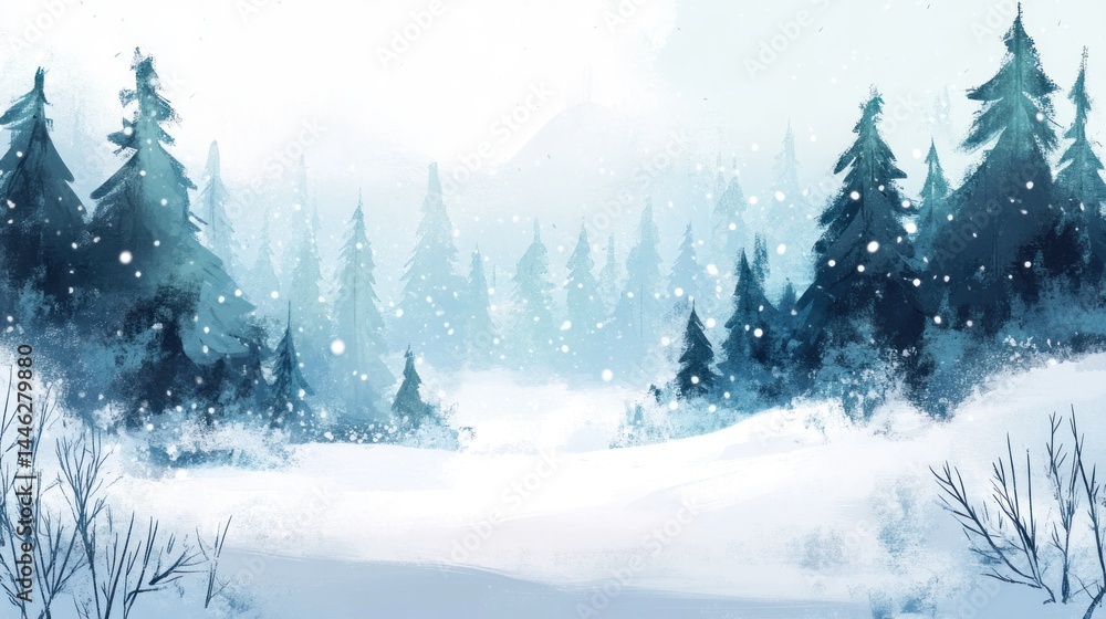 Snowy winter forest landscape with falling snow and tall trees