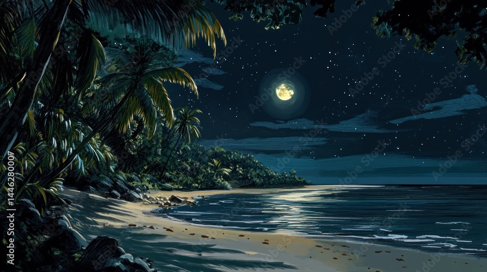 Tropical beach illuminated by moonlight and starry night sky