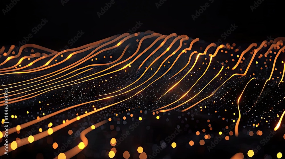Abstract wavy lines and particles glow brightly in darkness