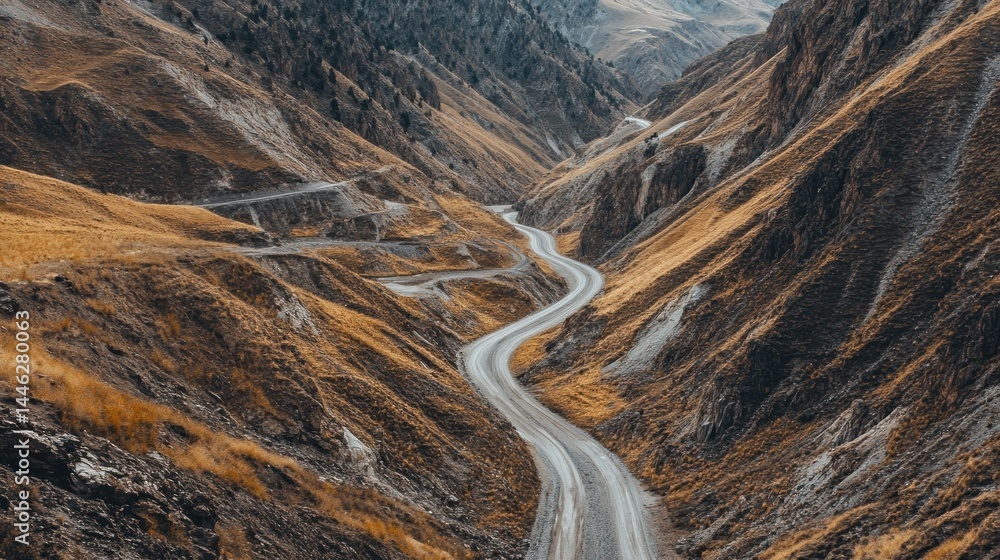 Winding road descends through a valley in a mountainous region