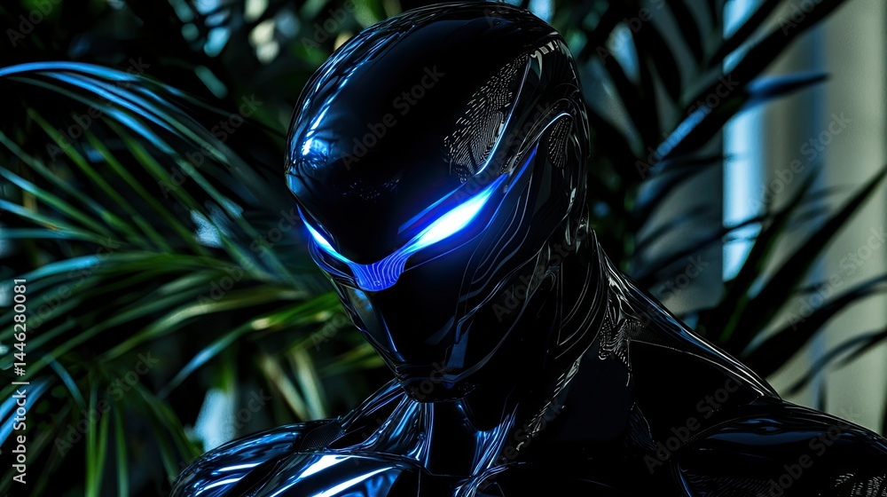 An armored figure with glowing blue eyes is in a lush environment