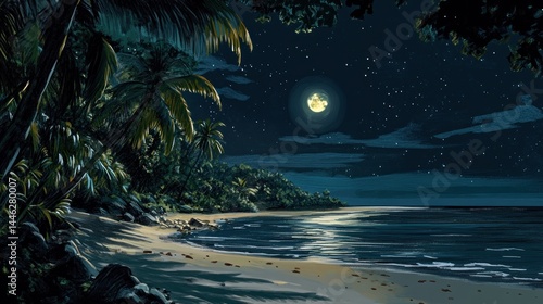 Obraz na płótnie Tropical beach illuminated by moonlight and starry night sky w salonie