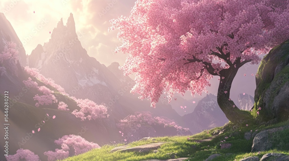 Pink cherry blossoms adorn a mountain landscape in springtime