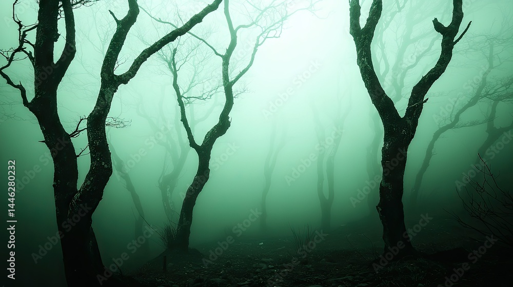 A spooky forest scene with trees enveloped by dense fog