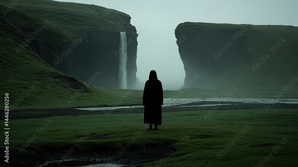 A lone figure stands before a dramatic landscape with a waterfall