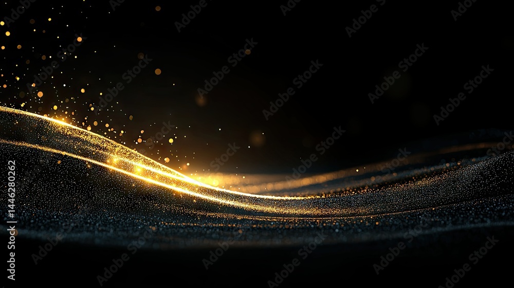 Beautiful golden waves and particles glowing against a dark background