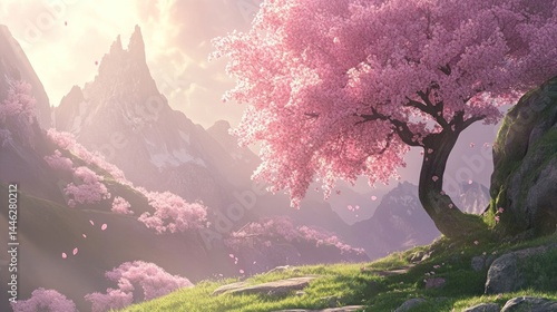 Obraz na płótnie Pink cherry blossoms adorn a mountain landscape in springtime w salonie