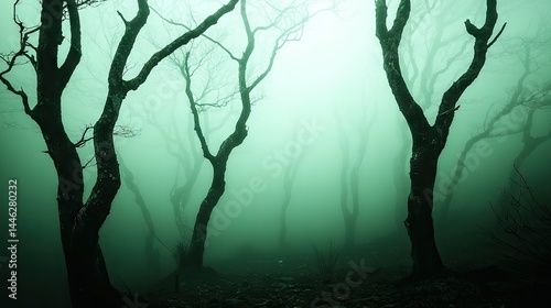 Obraz na płótnie A spooky forest scene with trees enveloped by dense fog w salonie
