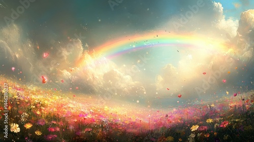 Obraz na płótnie Dreamy landscape featuring a rainbow arching over a wildflower field w salonie