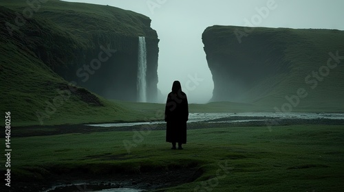 Obraz na płótnie A lone figure stands before a dramatic landscape with a waterfall w salonie