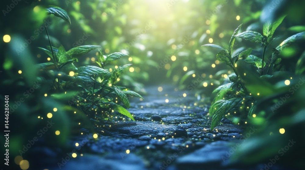 A serene pathway illuminated by ethereal glowing fireflies amidst greenery