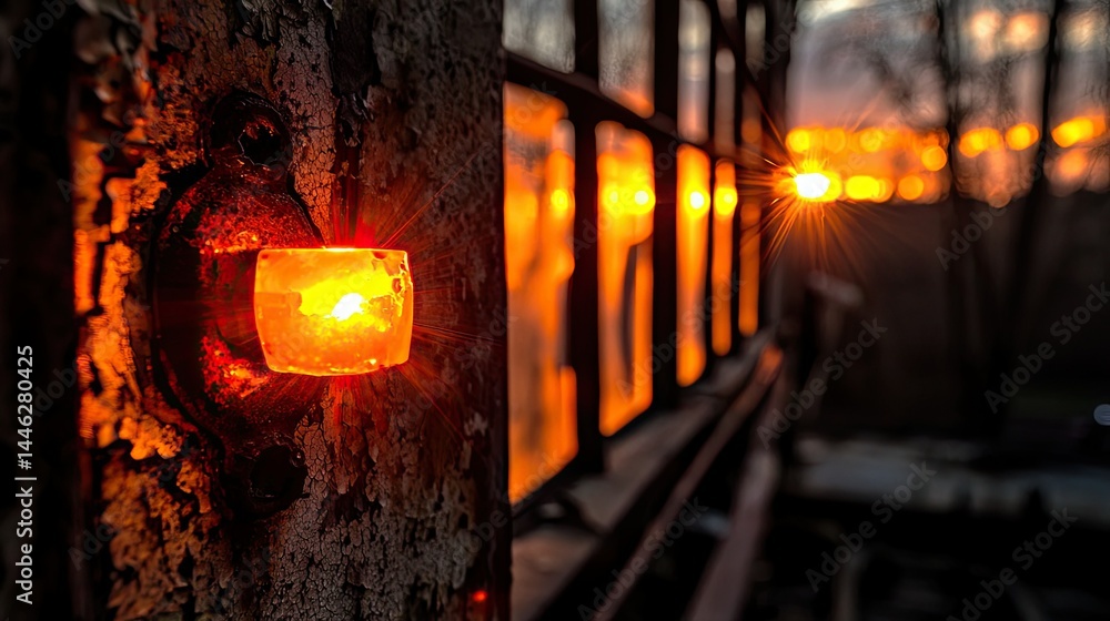 A glowing candle illuminates a wooden surface and a sunset scene