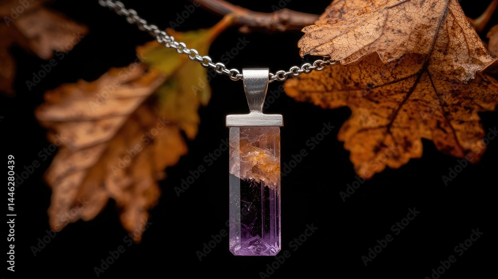 A beautiful pendant necklace displayed with natural autumn leaves