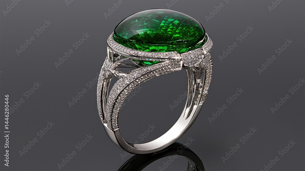 An elegant ring crafted with green gemstone and many small diamonds