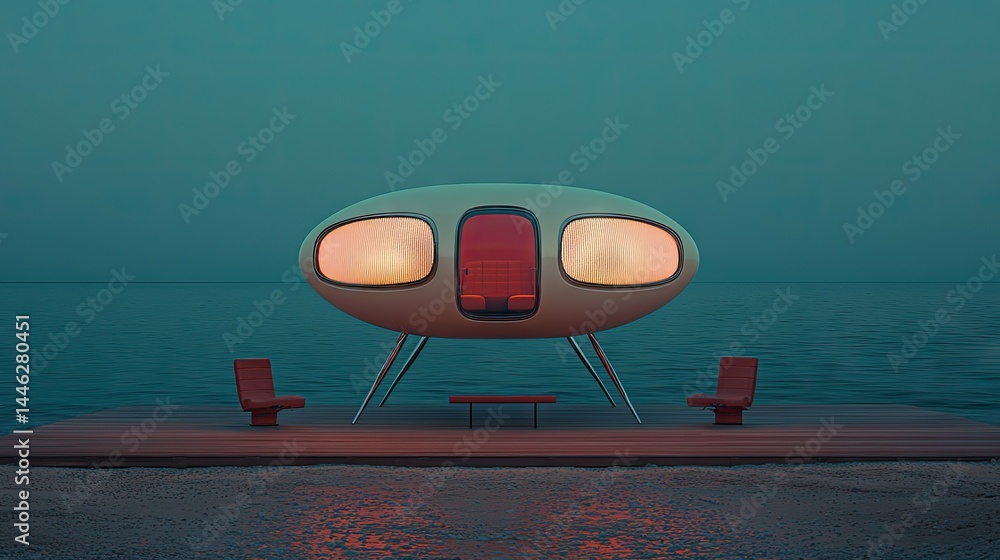 An abstract futuristic house design by the serene ocean water