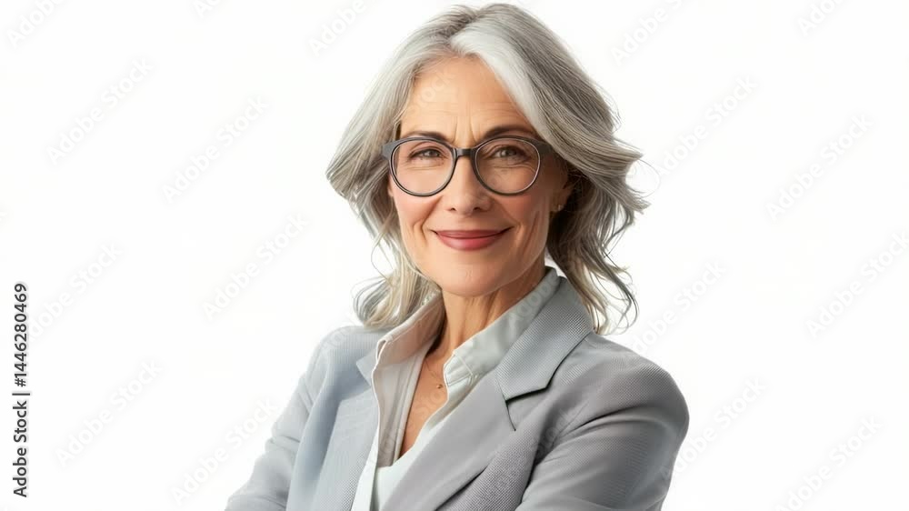 Elegant portrait of a mature woman with silver hair wearing glasses and a blazer against a white background Elegant portrait of a mature woman with silver hair wearing glasses and a blazer against a white background