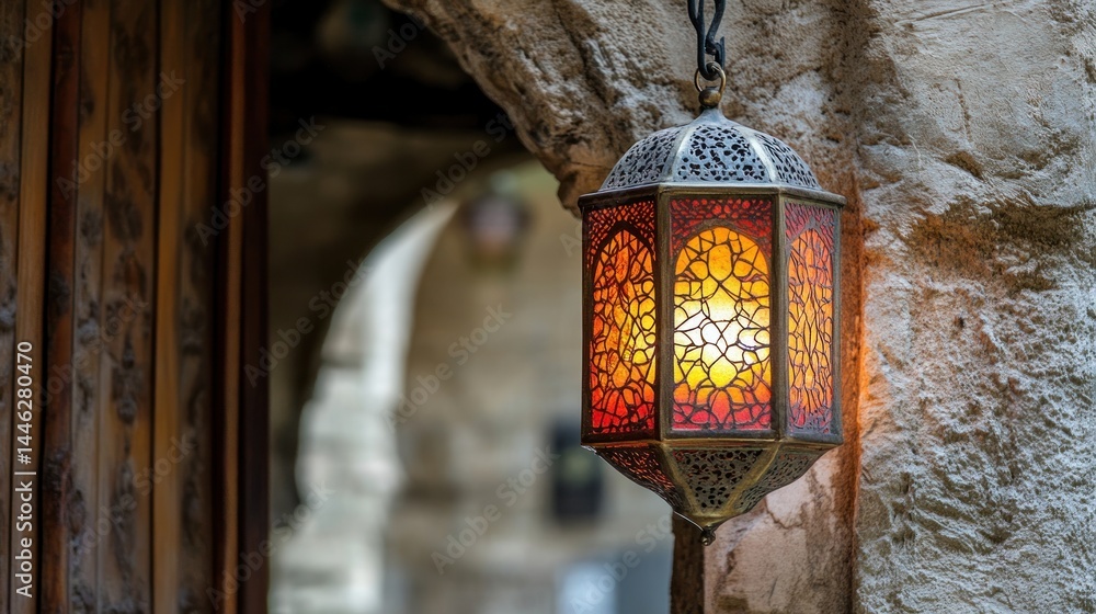 Ornate arabic lantern hangs against a stone wall outdoors