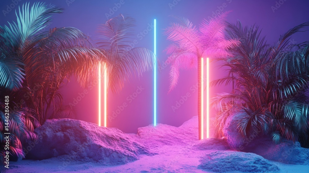 Neon lights illuminate a tropical landscape with palm trees