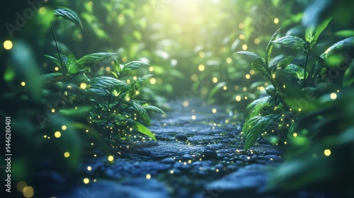 Obraz na płótnie A serene pathway illuminated by ethereal glowing fireflies amidst greenery w salonie