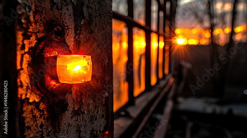 Obraz na płótnie A glowing candle illuminates a wooden surface and a sunset scene w salonie