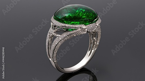Obraz na płótnie An elegant ring crafted with green gemstone and many small diamonds w salonie