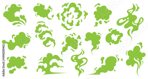 Toxic smoke, green potion gas dangerous, chemical, vector set