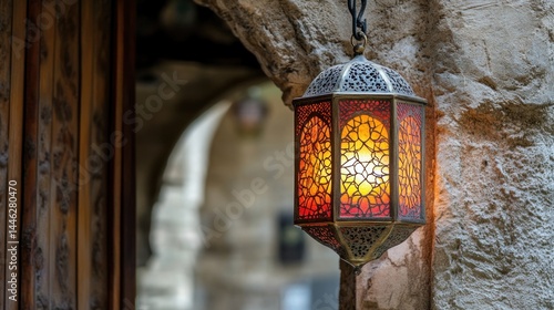 Obraz na płótnie Ornate arabic lantern hangs against a stone wall outdoors w salonie