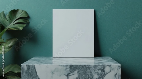 White canvas stands on marble pedestal against teal green wall