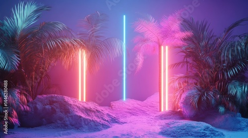 Obraz na płótnie Neon lights illuminate a tropical landscape with palm trees w salonie
