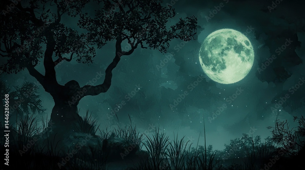 A serene landscape featuring a large tree and full moon