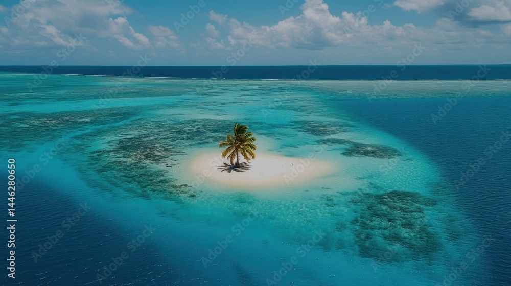 Solitary palm tree stands on a tropical island paradise