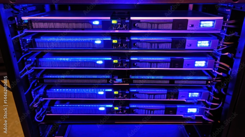 Servers aligned in a rack display blue illuminated indicators