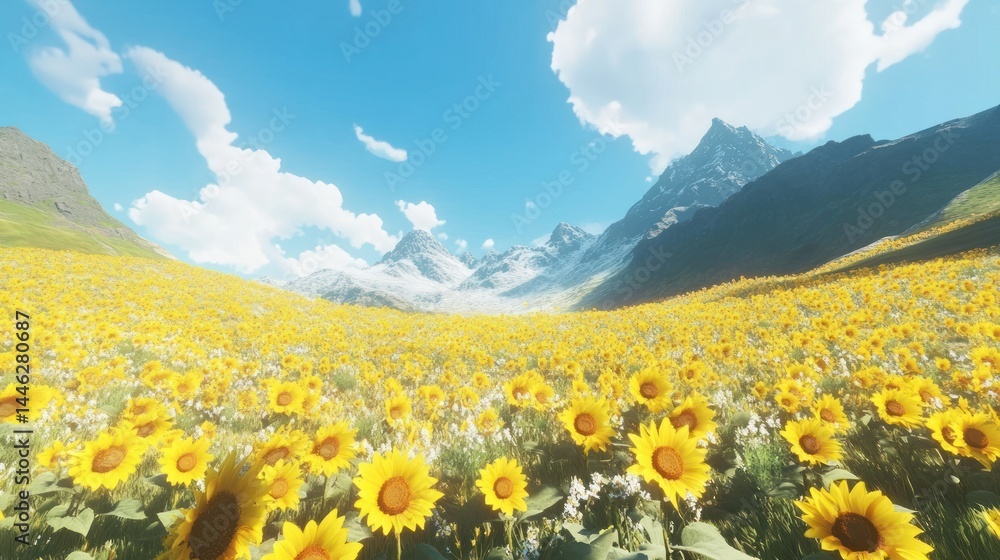 A vast sunflower field stretches towards snowy mountains and sky