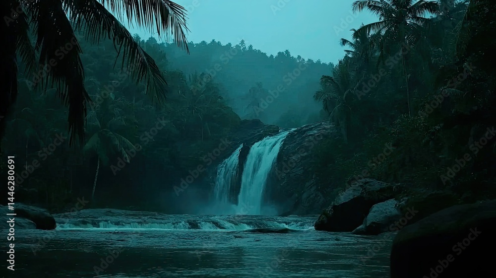 Majestic waterfall cascades dramatically into a calm and beautiful river