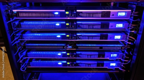 Obraz na płótnie Servers aligned in a rack display blue illuminated indicators w salonie