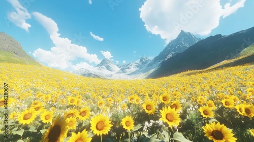Obraz na płótnie A vast sunflower field stretches towards snowy mountains and sky w salonie