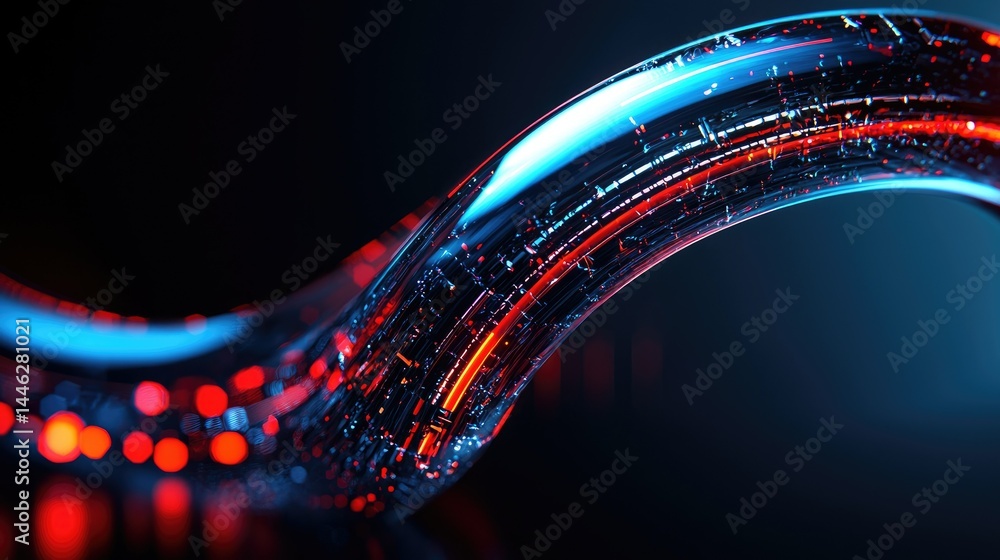 A curvy abstract shape with blue and red illuminated streaks
