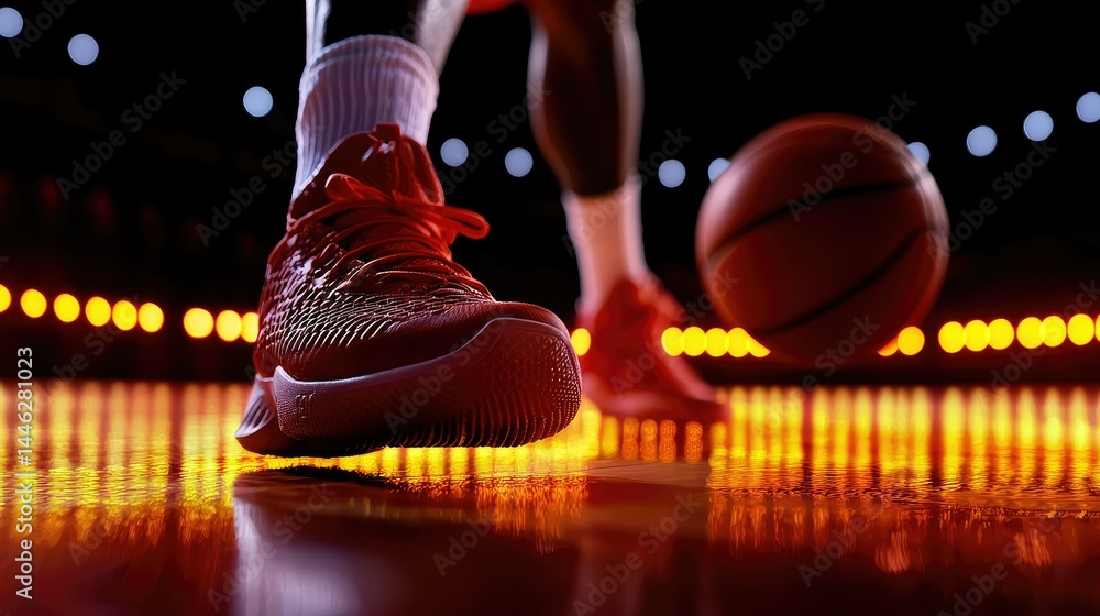 A basketball player bouncing the ball on a shiny court surface