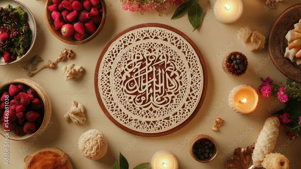 Artistic still life showcasing islamic calligraphy with food and candles
