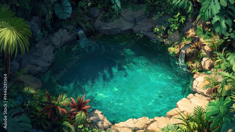 A beautiful tropical pond surrounded by lush greenery and rocks