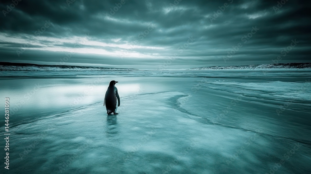 A solitary penguin stands on a frozen icy beach