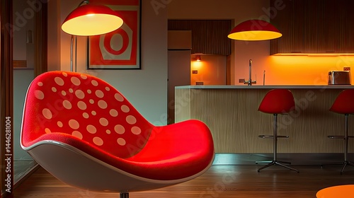 A modern living space shows red chairs and kitchen area