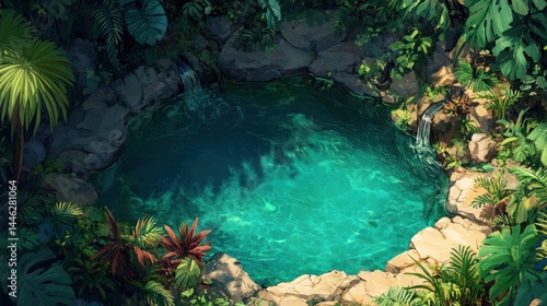 Obraz na płótnie A beautiful tropical pond surrounded by lush greenery and rocks w salonie